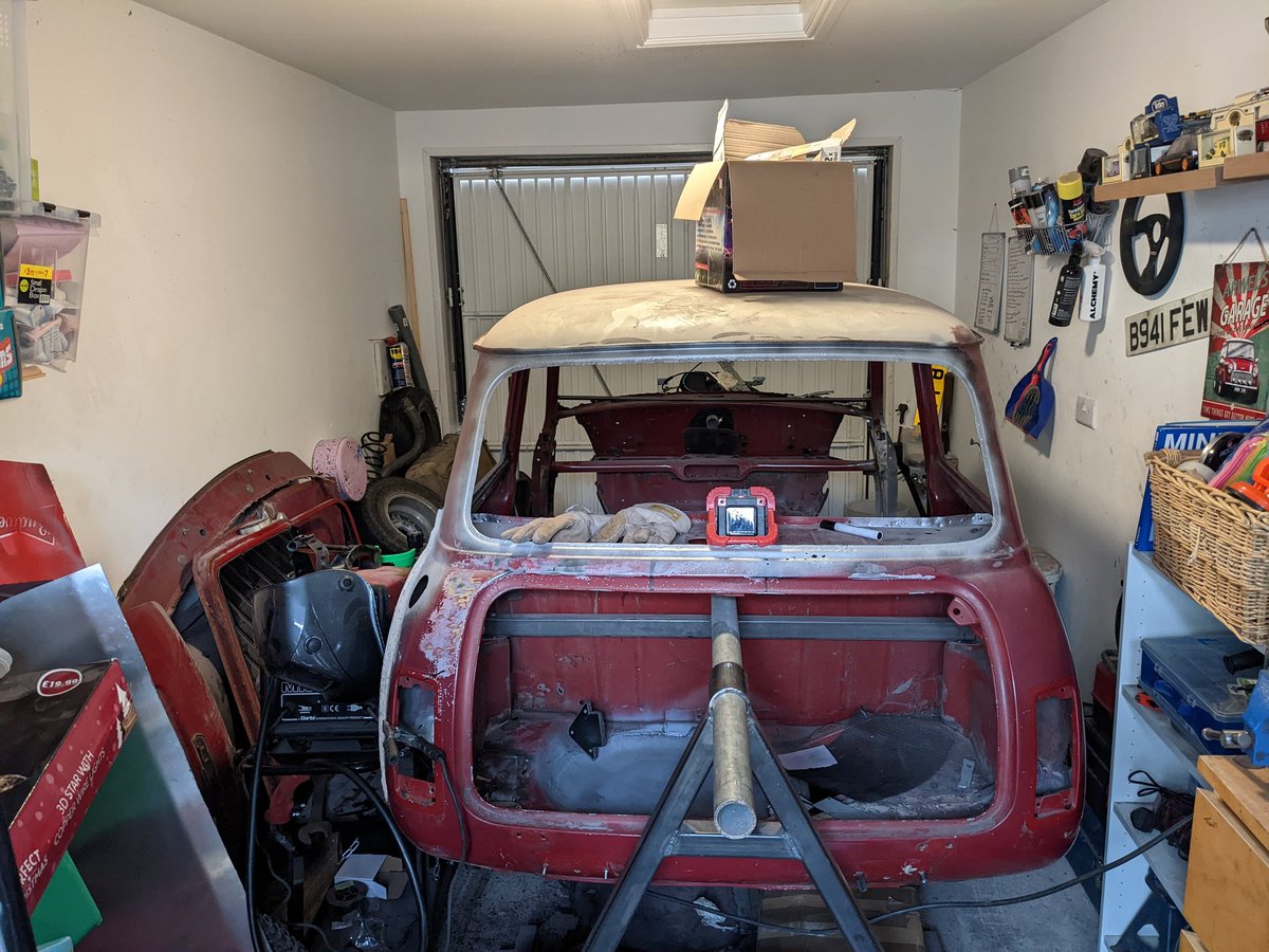 Work has recommenced on the Mini this morning. More repairs in the boot floor, definitely would have been easier to chop it all and fit a new floor but you live and learn. #classicmini #cartwitter #rallycar