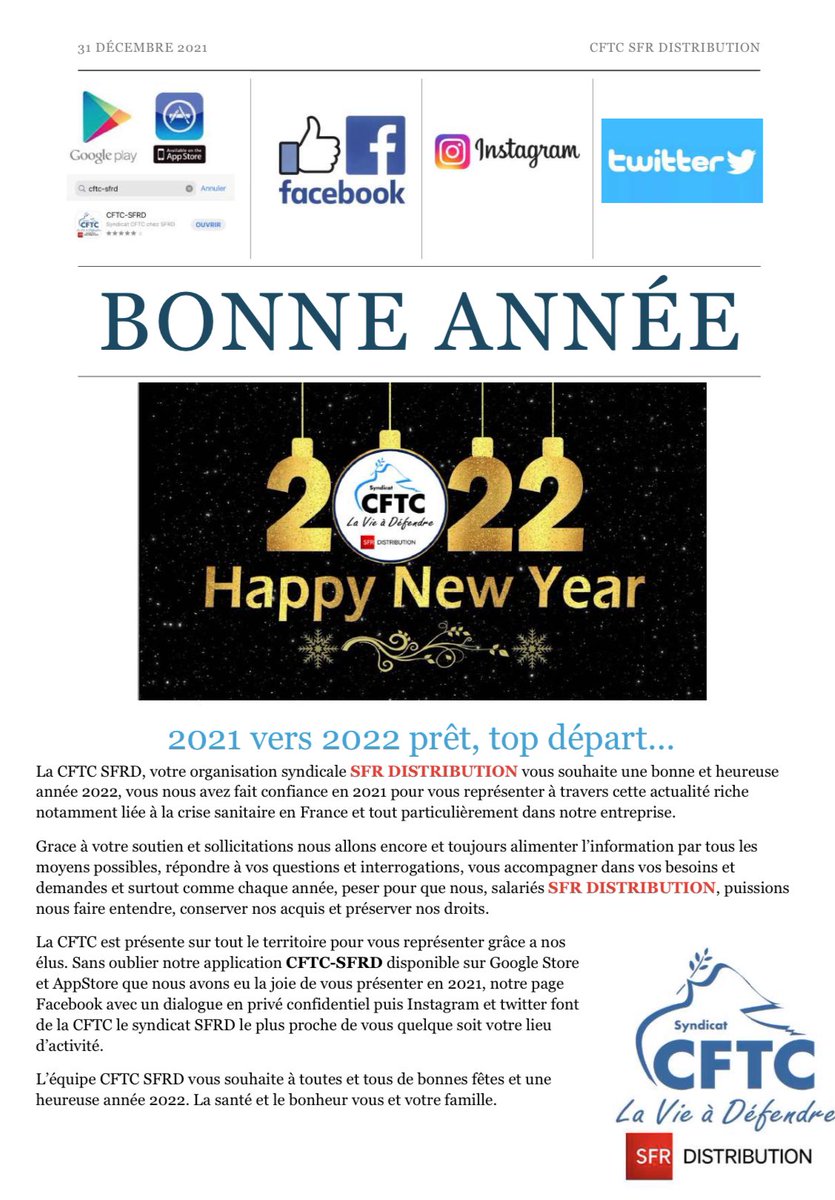 cftc_sfrdistrib's tweet photo. La CFTC de #SFRD vous souhaite une bonne et heureuse année 2022 !
Et vous adresse un message ci-joint ⬇️
#CFTCAVOSCOTES #SFRDISTRIBUTION https://t.co/8dO0Mjugtx