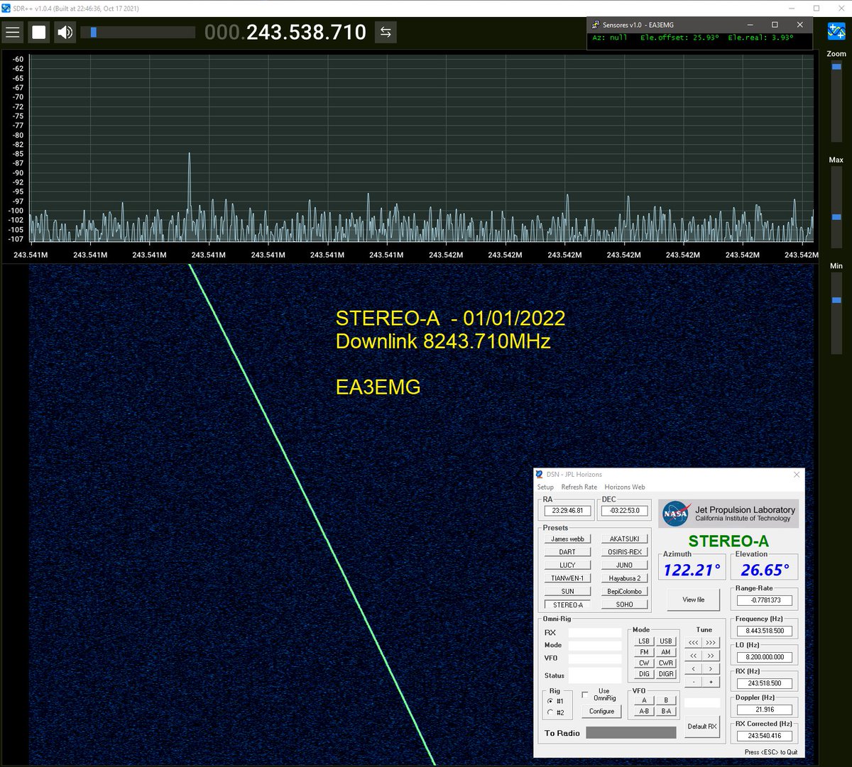 ea3emg's tweet photo. HNY!! Back again at X-Band. Sanity check with STEREO-A and Tianwen-1 (clearly visible the inverse change of the doppler frequency).  1.5M dish 30dB LNA #AmateurDSN https://t.co/LsbOayaMc0