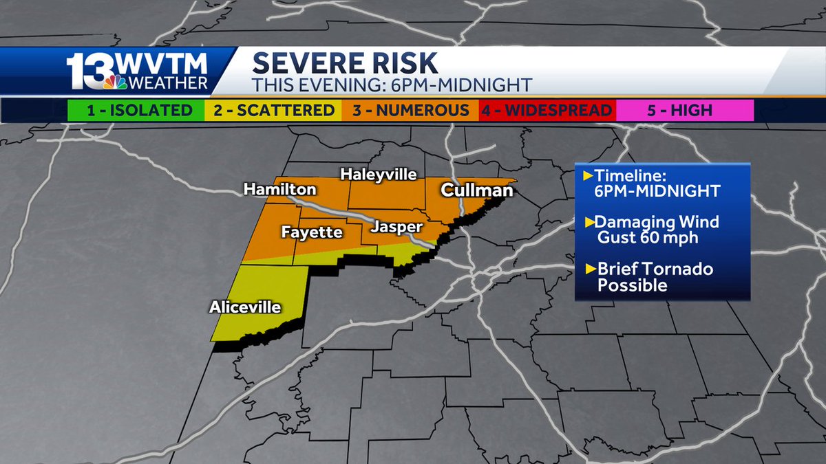 HarmonyWx2023's tweet photo. SATURDAY NIGHT HEADS UP>>> (WEST AL) Severe thunderstorms possible from 6:00 PM to Midnight. Threats include damaging winds, small hail, and a brief tornado possible. #alwx #AlertDay https://t.co/xgEv4F1r4b #WVTM13 #LiveDoppler https://t.co/rrH9mCxiRE