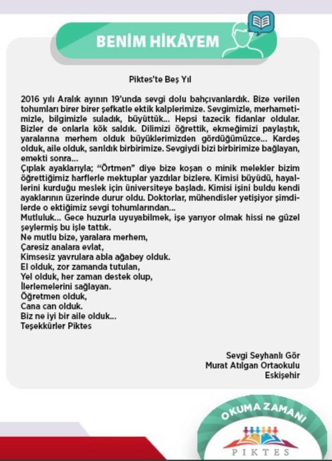 Piktes Projesi’nde 5.yılımızı doldurduk.Bu 5 yıl içinde büyük bir aile olduk.Hepimizin yüreğinden geçenleri kelimelere döken hocamıza teşekkür ederiz.Yeni yılın ilk bülteninde yer alan“Piktes’te Beş Yıl” yazısı üzerine değerli yorumlarınızı bekliyoruz.
<a href="/OzilLevent/">Dr. Levent Özil🇹🇷🇹🇷🇹🇷</a>
@Piktes2Projesi