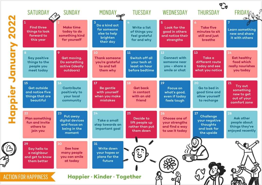 Healthy Minds (@healthymindsw4l) on Twitter photo Another great calendar of ideas from <a href="/actionhappiness/">Action for Happiness</a>
What makes you happy and puts a smile on your face this new years day?
🙂
#happiness #smile #newday #newmonth #newyear #wellbeing #mentalhealth #support Another great calendar of ideas from <a href="/actionhappiness/">Action for Happiness</a>
What makes you happy and puts a smile on your face this new years day?
🙂
#happiness #smile #newday #newmonth #newyear #wellbeing #mentalhealth #support