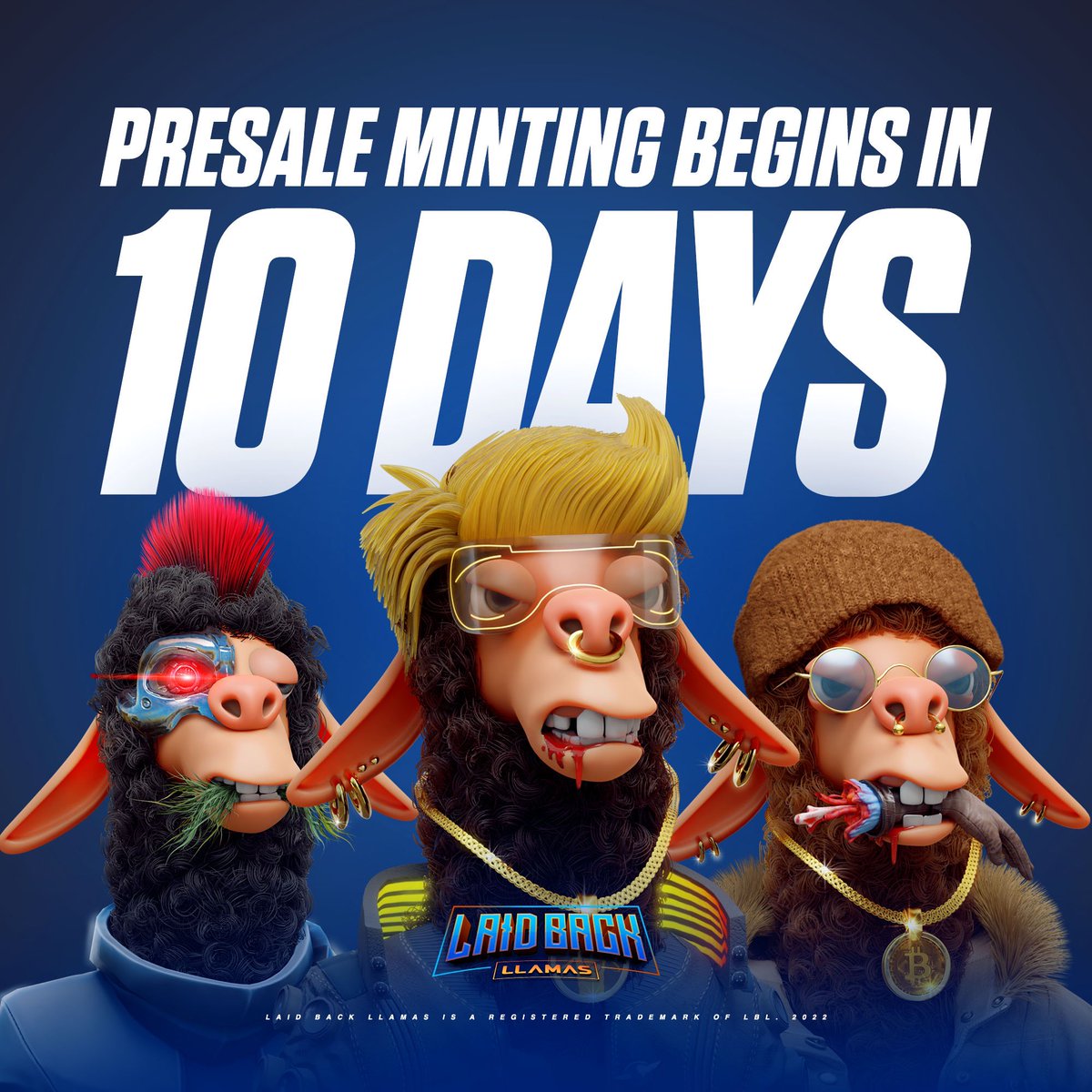 LaidBackLlamas's tweet photo. The countdown is on!🚨

In 10 days presale minting of Laid Back Llamas begins.

Whitelist spots are running out, try and get yours at https://t.co/1BQVGGH8dT 

#LBL 🦙🚀 https://t.co/O1vY4HWLc7