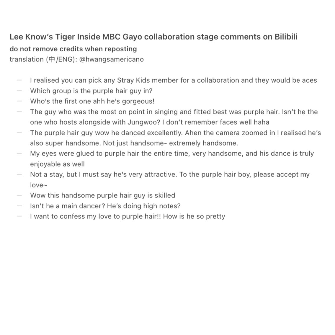 hwangsamericano's tweet photo. Lee Know’s Tiger Inside MBC Gayo collaboration stage comments on Bilibili (China’s Youtube) https://t.co/rSot7XE78x