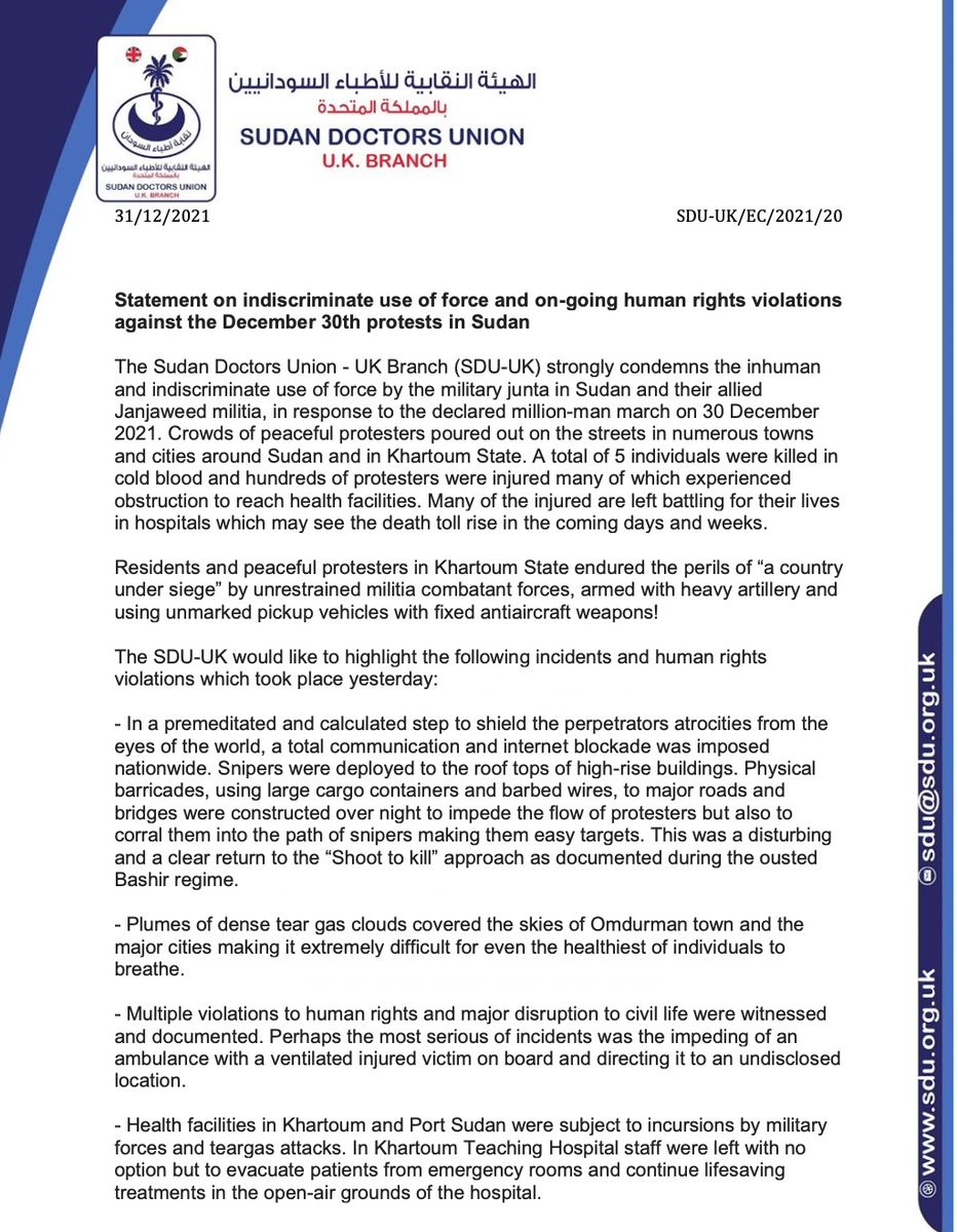 uk_sdu's tweet photo. SDU-UK statement on the indiscriminate use of force and ongoing human rights violations against the #Dec30March protests in Sudan. @UKinSudan @IntlCrimCourt @UNHumanRights @EU_SUDAN @RobertF40396660 #SudanCoup #مليونية30ديسمبر #مجزرة30ديسمبر  #السودان #الردة_مستحلية https://t.co/d7aD5MC7Hu