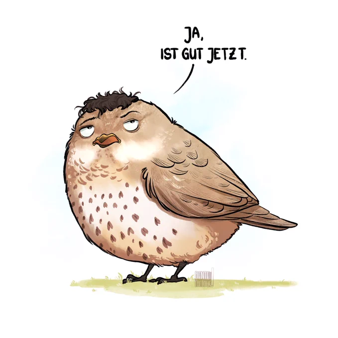 Digital gezeichneter Comicvogel, bzw. eine Drossel mit Haaren. Sie guckt genervt und sagt: „Ja, ist gut jetzt.“, ein Zitat von Drosten.