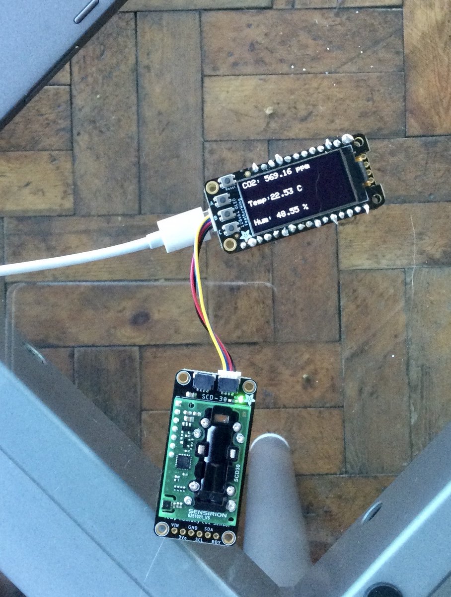passivpaul's tweet photo. A bit of Christmas coding (more like bashing example codes together, but got there) CO2, humidity and temp sensor SCD-30 https://t.co/Y3KQfVCI09 #adafruit #covid #ventilation #CO2 #BeAware https://t.co/p49HK07GY8