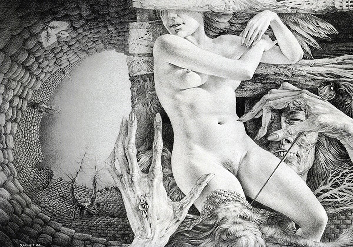 The first new artist for a new year is Gérard Gachet – skulls, bones, rocks, shells and reptiles haunt many of his drawings alongside women’s breasts, buttocks and vulvas, the source of life and a subject he found eternally fascinating. See his work now at honesterotica.com/illustrator/ge…
