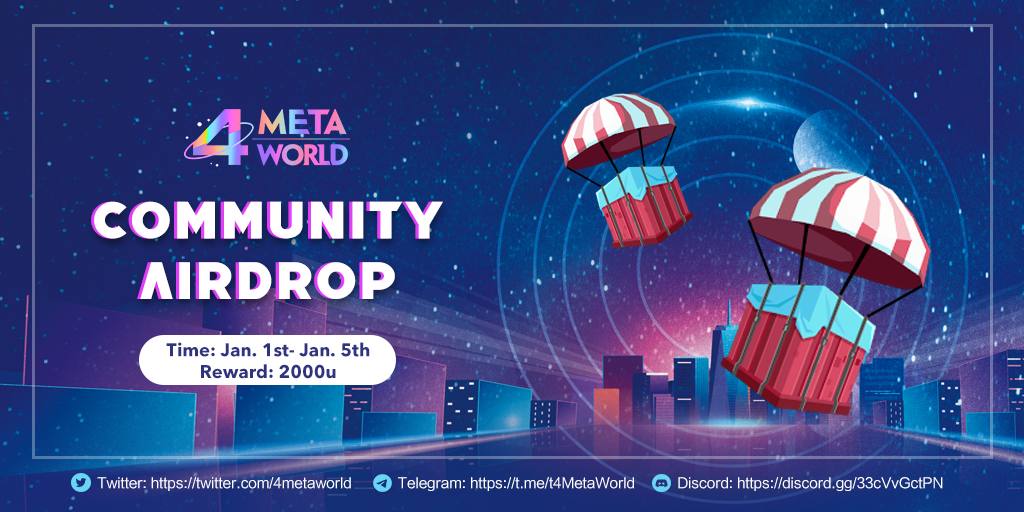 📣4 Meta World #Airdrop is live now!

🎉Total for Airdrop: $2,000 $USDT

👉🏻To join Airdrop Bot, Click t.me/For_Meta_Bot

🗓Airdrop End: Jan 5th 

#Metaverse #Giveaway #Metaverse #GameFi