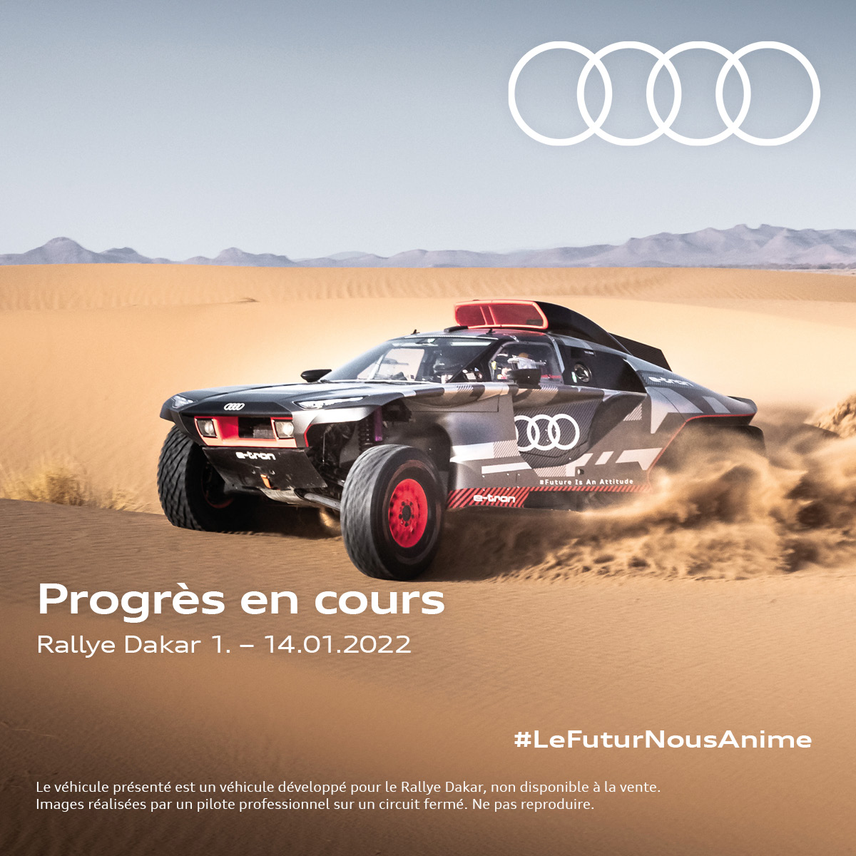 AudiFrance's tweet photo. Prêts à écrire l’histoire. 
Aujourd’hui, l’Audi RS Q e-tron fait ses débuts au Rallye Dakar. Bonne chance aux pilotes et à toute l’équipe Audi. https://t.co/hD51j8vSHo