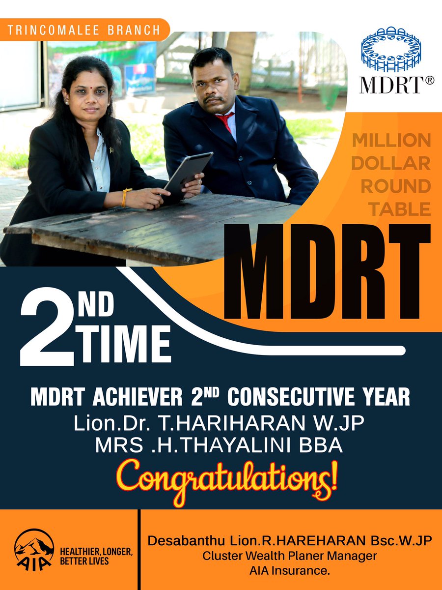 RHareharan's tweet photo. Both of you made me proud as the Team Manager in achieving MDRT for the 2nd consecutive year. My warm wishes to both of you to swipe the MDRT next year as well during 1st half.
R.Hareharen 
Cluster Maneger 
AIA Insurance 
Trincomalee https://t.co/OhvcUUGker
