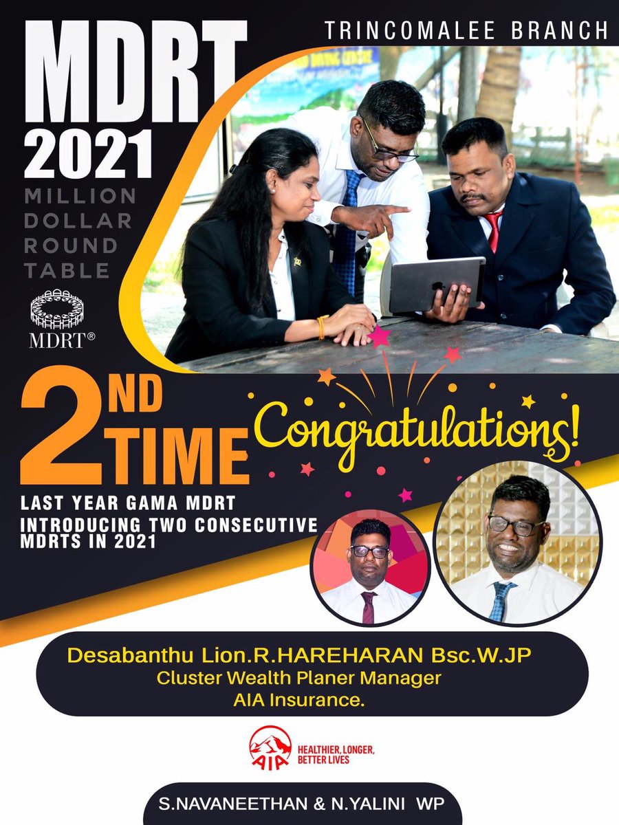 RHareharan's tweet photo. Both of you made me proud as the Team Manager in achieving MDRT for the 2nd consecutive year. My warm wishes to both of you to swipe the MDRT next year as well during 1st half.
R.Hareharen 
Cluster Maneger 
AIA Insurance 
Trincomalee https://t.co/OhvcUUGker