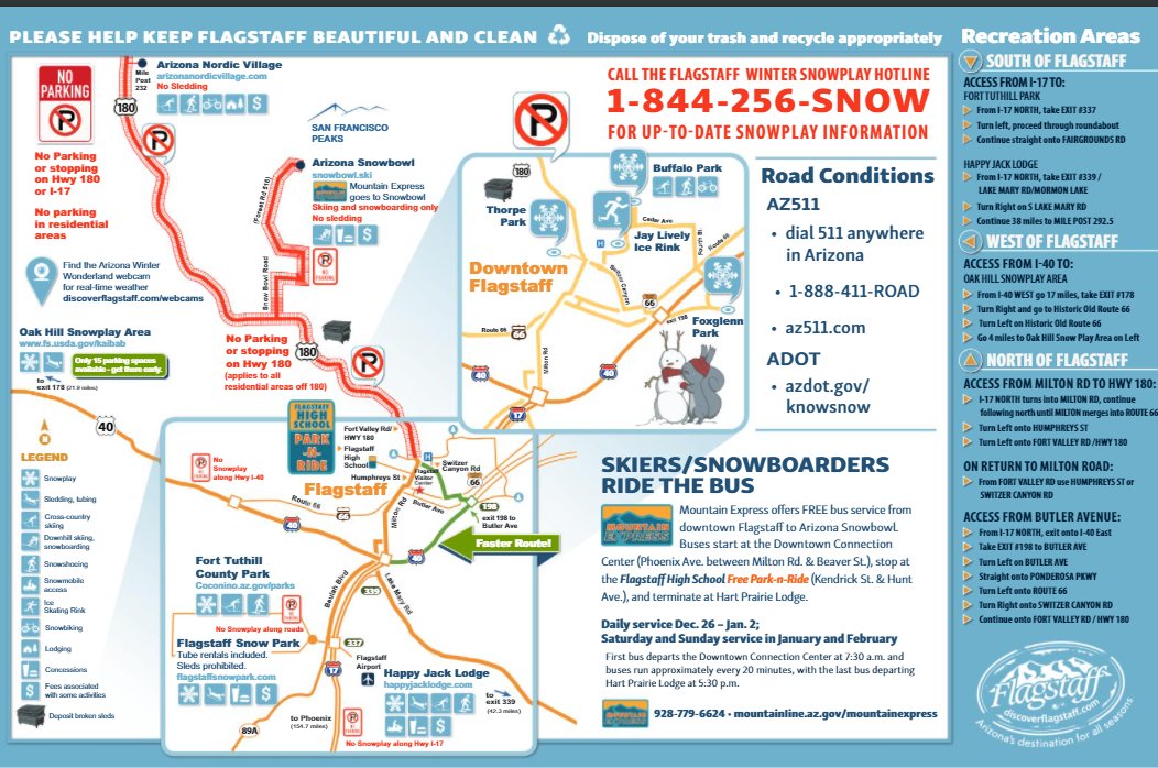 IF YOU PLAN TO HEAD TO US 180 north of Flagstaff for snow play: SNOW PLOWS are in action. 

DO NOT PARK on the highways, including shoulders. 

For designated snow play areas near Flagstaff: bit.ly/3eCLnj3