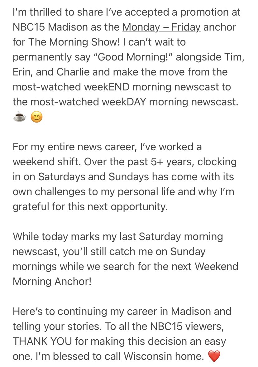 GabriellaRusk's tweet photo. NEW YEAR, NEW JOB! 📺
I’m thrilled to share I’ve accepted a promotion as the Monday – Friday anchor for @nbc15_madison’s The Morning Show.
Wake up with @TheTimReport, @erinsullivantv, @Charlie_NBC15 and I starting this week! ☕️ #WakeUpToMore https://t.co/prefTMvGQZ