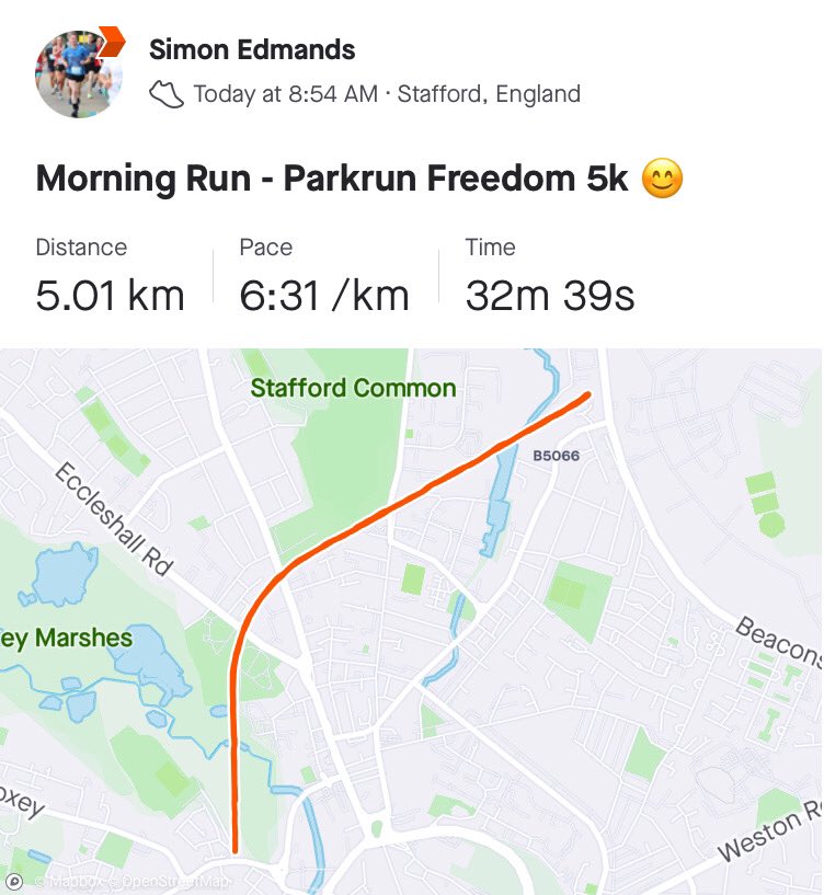 SimonEdmands's tweet photo. Fantastic to meet #TeamMND #RunMND legend Alex Wilson this morning - official #IsabelTrail #Stafford #parkrun cancelled at the last minute, but great to still run the course together… and well done on your post-Covid PB! 👏😃💙🧡 @mndassoc @parkrunUK @UKRunChat https://t.co/gONaNFod2F