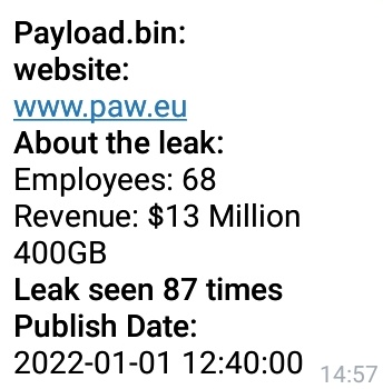 ransomwaremap's tweet photo. #DEU #cyberattack PAW GmbH &amp; Co. KG von #PayloadBIN #Ransomware betroffen.  Tracked by @S0ufi4n3 https://t.co/qFe3BW6VdU