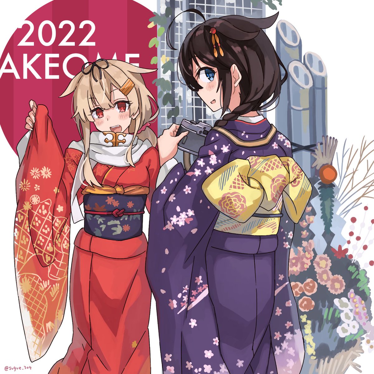 shigure (kancolle) ,shigure kai ni (kancolle) ,yuudachi (kancolle) ,yuudachi kai ni (kancolle) multiple girls japanese clothes 2girls kimono blue eyes hair flaps blonde hair  illustration images