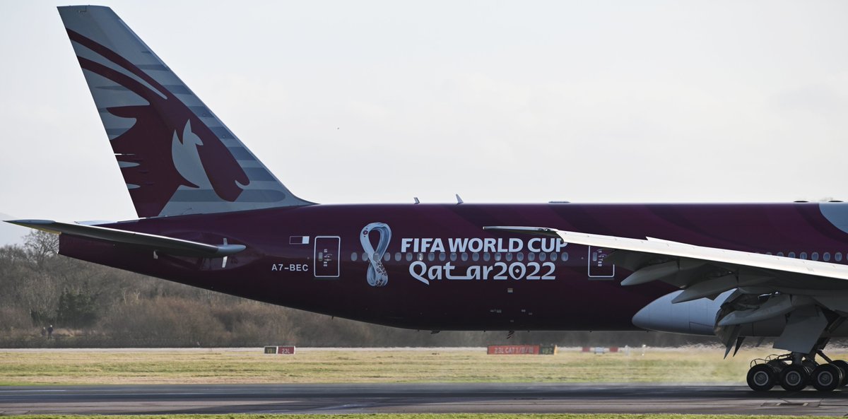 EGLLSpotter's tweet photo. The @qatarairways in the @FIFAcom 2022 livery lands at @manairport yesterday from Doha. Absolutely love the close-ups of this special livery!! #FIFA2022 #Qatar2022 #A7BEC https://t.co/HThtpbtj9a