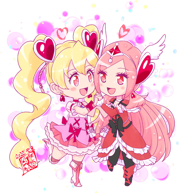 キュアピーチ ,東せつな ,桃園ラブ 「2022年も何卒よろしくお願いいたします描き初め 」|まぼろしねこ🐾イース様アンソロ春レイフレのイラスト