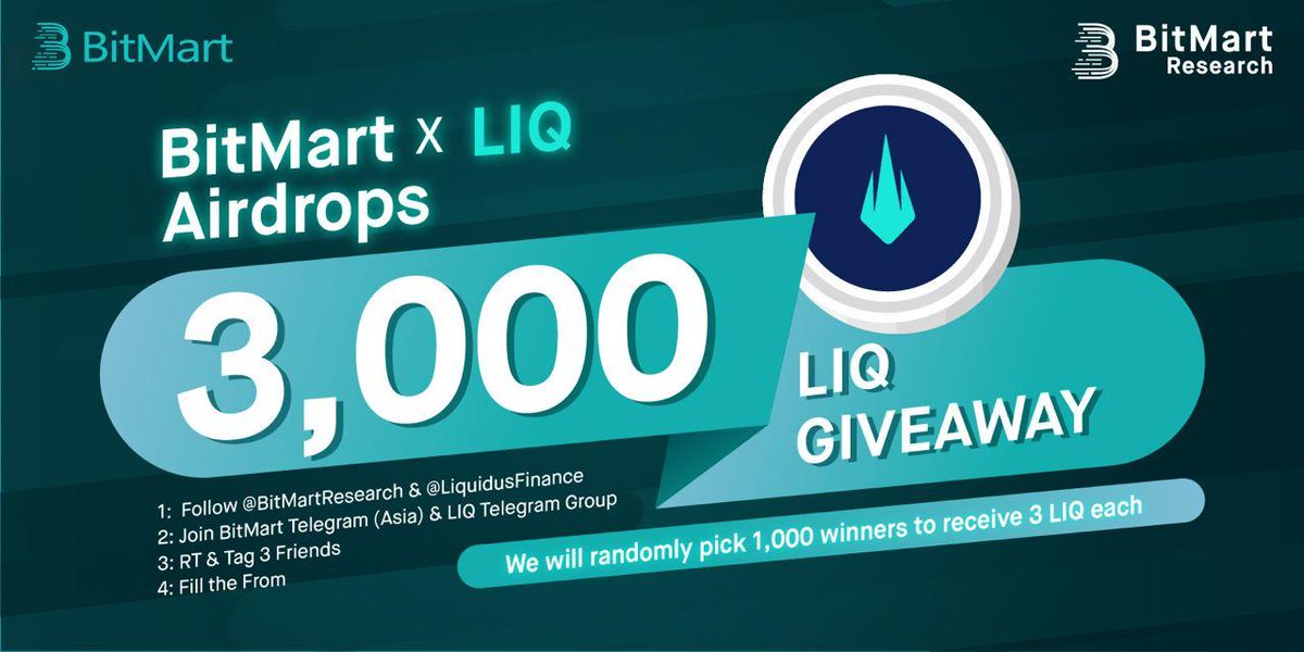 🎁BitMart X LIQ Airdrop

1⃣Follow <a href="/BitMartResearch/">BitMart Research｜$BMX HODLer</a> &amp; <a href="/LiquidusFinance/">Liquidus</a>
2⃣Join  t.me/BitMartExchang… &amp; t.me/liquidusfinance
3⃣RT &amp; tag 3 friends
4⃣Fill out: forms.gle/JknNmEFryHTNgY…

🪙𝟏,𝟎𝟎𝟎 lucky winners split 𝟑,𝟎𝟎𝟎 $LIQ
📅End at 1/17/22 7:00 AM EST