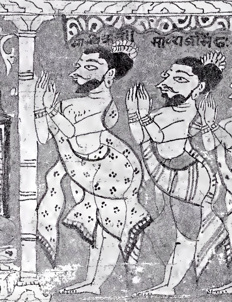 One can observe dresses of #Men depicted in 14th century #Manuscript⬇️ of Jaina Kalpasutra. They are shown with moustache, beard & hairs tied in bun.

Names of these men are written in folio:

▪️Vikrama (सा० विक्रम)
▪️Rāja Siṃha (सा० राजसिंह)
सा० stands for सार्थवाह (merchant).