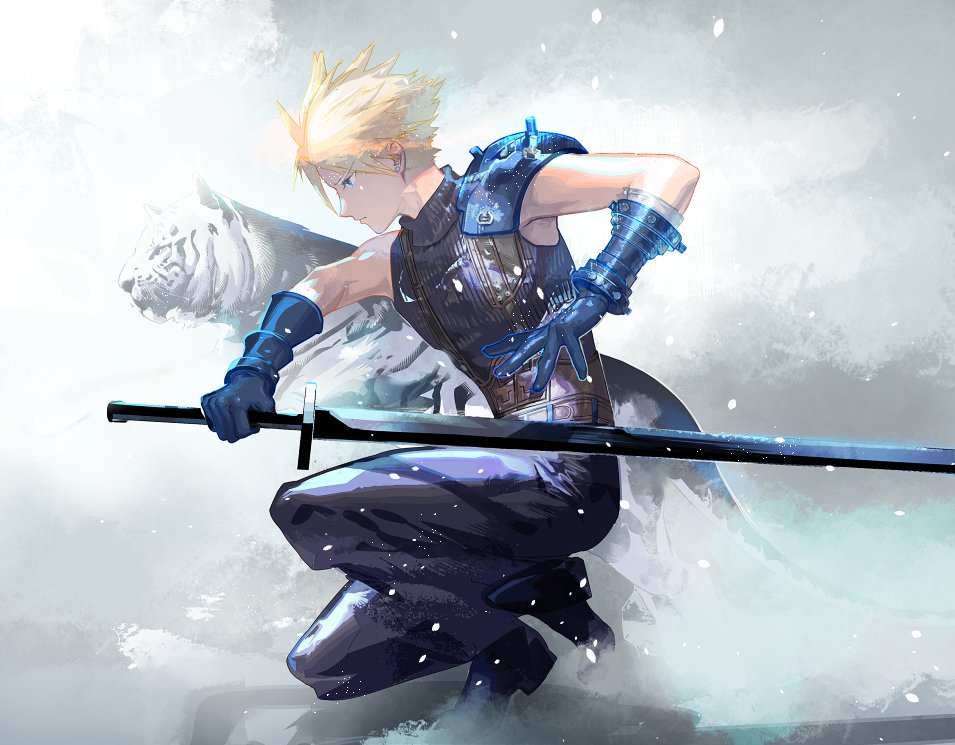 cloud strife 1boy weapon blonde hair sword male focus gloves shoulder armor  illustration images