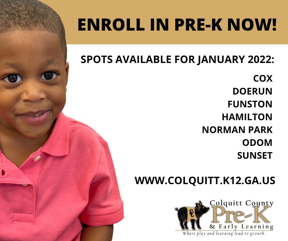 Start your child's new year off with a solid educational foundation.  Enroll in Colquitt County Schools' FREE Pre-K Program.

Click for more information: ecs.page.link/xtPuX
#GAPreK #Whereplayandlearningleadtogrowth