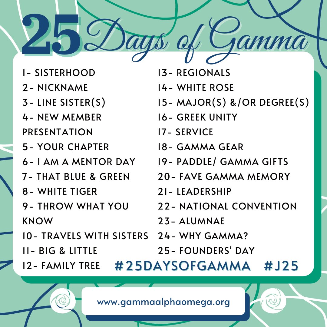 GammaAlphaOmega's tweet photo. Are you ready for #25DaysOfGamma? Be sure to screenshot this photo challenge & post your Gamma pics daily. Tag us in your photos as we all countdown to Founders' Day! ๐๐ https://t.co/5A2elIJ3JF