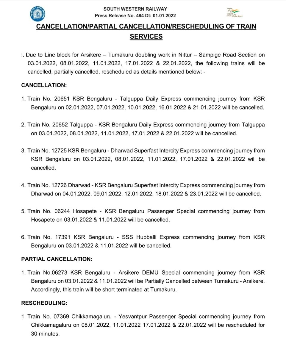 SWRRLY's tweet photo. Updates regarding Cancellation, Partial Cancellation and Rescheduling of #TrainServices .
#SWRTrainUpdates
https://t.co/zcarXZxMv6 https://t.co/DcfsmzRBgO