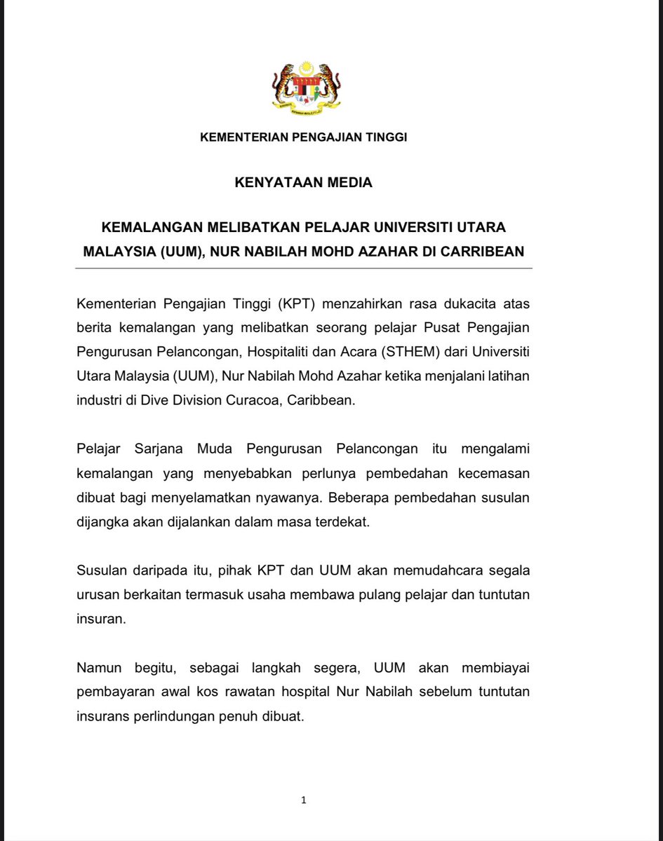 DrNorainiAhmad's tweet photo. Kenyataan media

Kemalangan melibatkan pelajar Universiti Utara Malaysia , Nur Nabilah Mohd Azhar di Carribean

#KPTPrihatin https://t.co/uHM9SKXnyZ