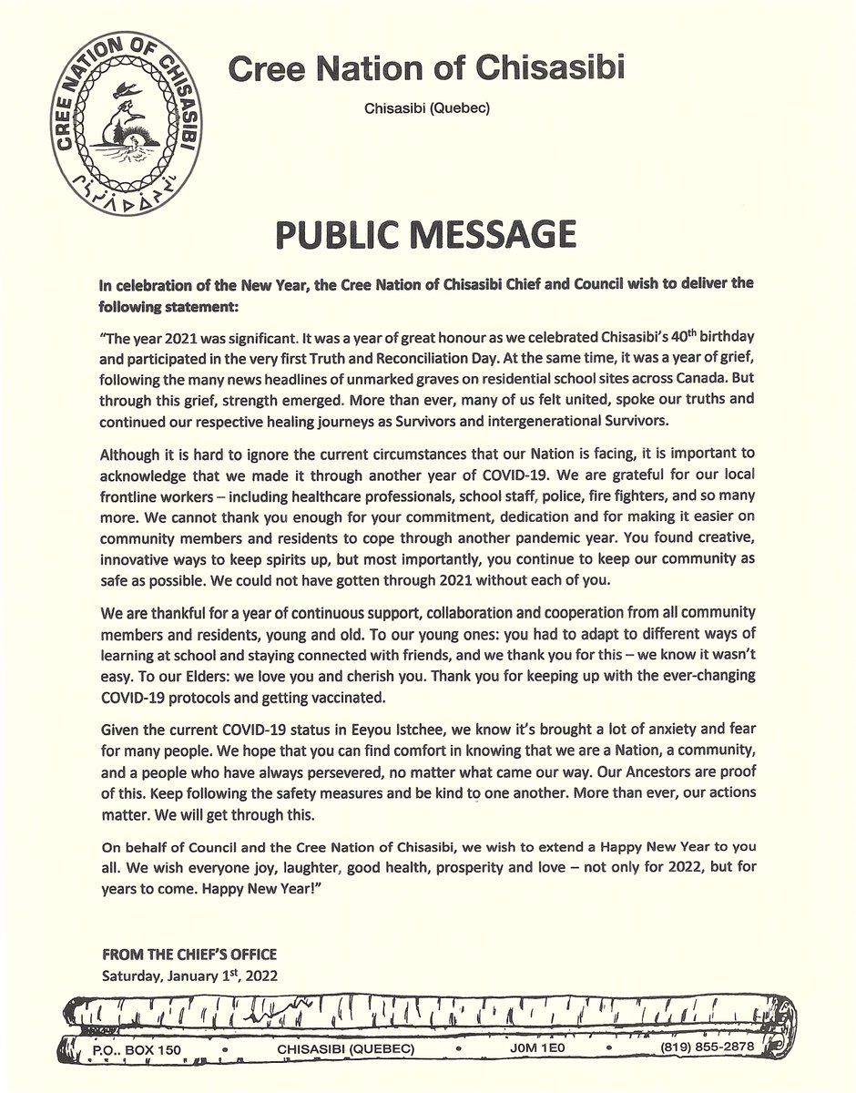 CreeChisasibi's tweet photo. On behalf of the CNC Chief and Council, Happy New Year! https://t.co/FLMyE8iNWl