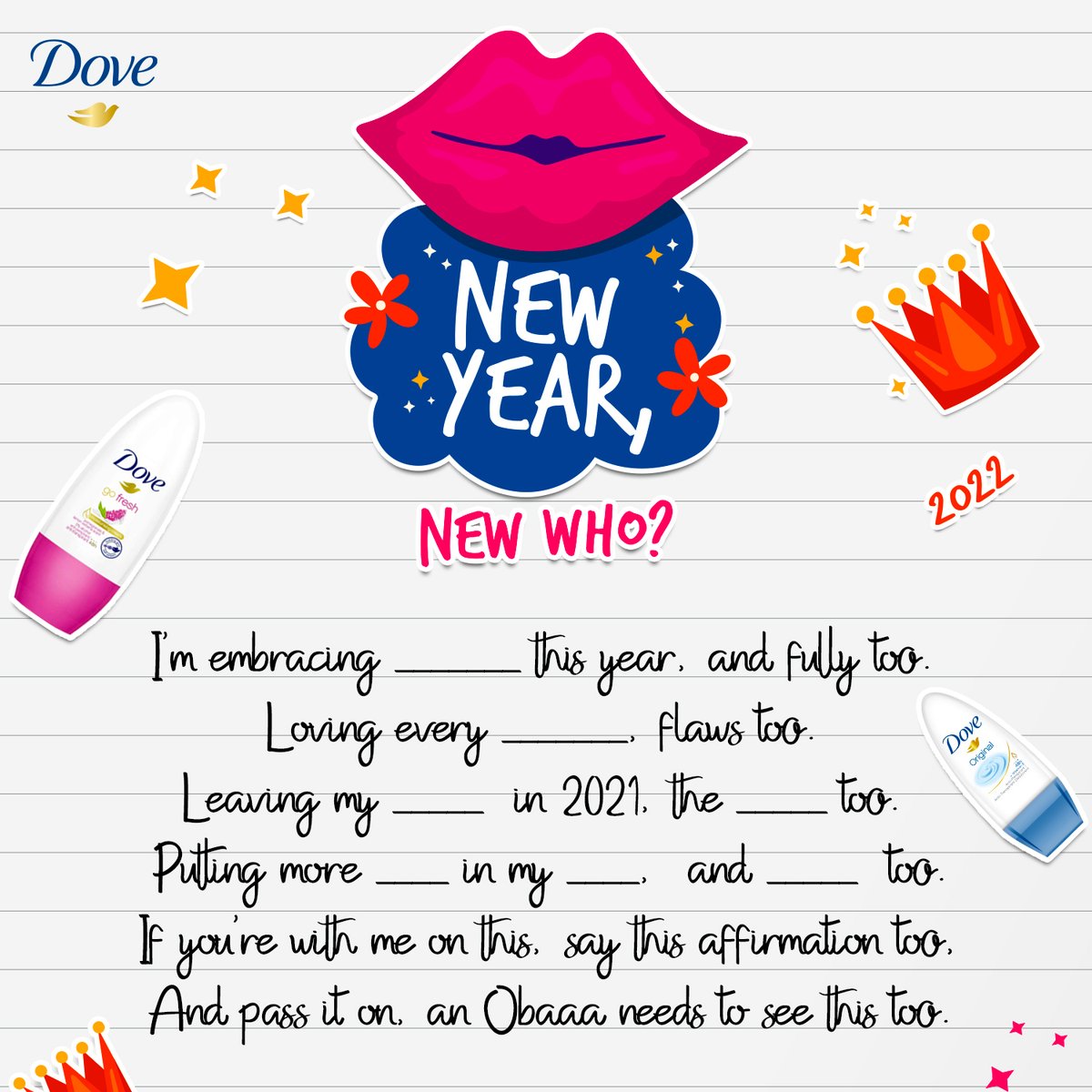 DoveGhana's tweet photo. #HeyObaaa here’s to another year of keeping it real and staying beautiful. Fill this in, let’s see how your 2022 is looking like 😍
Happy New Year 🎆 https://t.co/5DoxqA5zBy