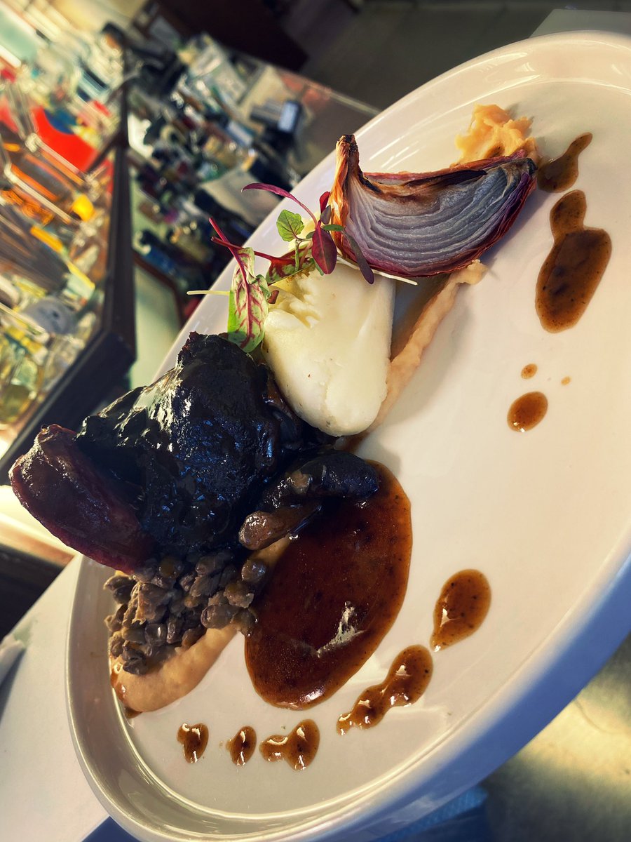 RoyaleCaffe's tweet photo. Braised ox cheek, cotechino, slow roasted roscoff onion. Hogmanay special https://t.co/ecmLsTdmb1