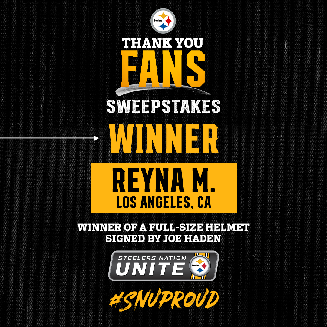 SteelersUnite's tweet photo. Our final #ThankYouFans Sweepstakes winner: Reyna M.! Enjoy your new full-size helmet signed by @joehaden23 🙌

Thanks for all who participated! https://t.co/KTrYg0PTBq
