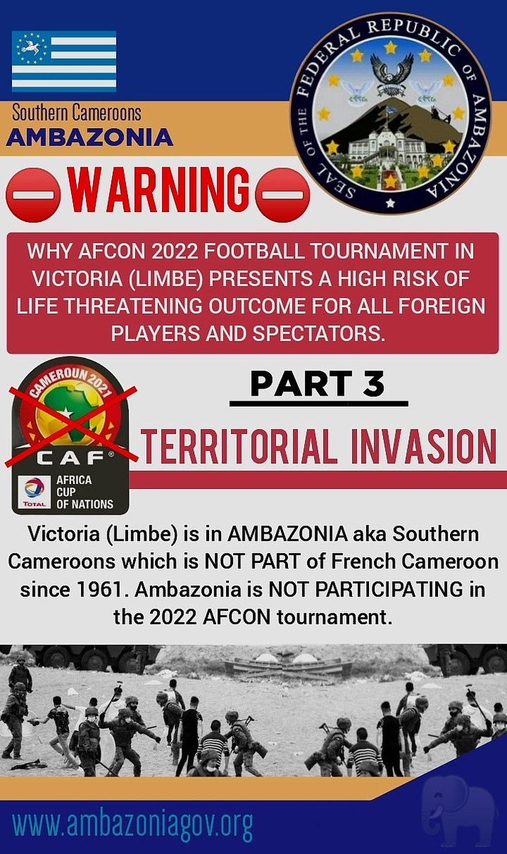 Sanctioning AFCON2022 matches admits life-threatening insecurity in LIMBE (Victoria)-SouthernCameroons, AN ACTIVE WAR THORN ZONE, is complicity 2 GENOCIDE.
<a href="/femafoot/">FEMAFOOT</a> <a href="/ffrim/">FFRIM</a> <a href="/SLFA_sl/">Sierra Leone Football Association</a> <a href="/FTF_OFFICIELLE/">FTF</a> <a href="/TheGambiaFF/">Official GFF 🇬🇲</a> <a href="/NzalangNacional/">FeguifutOfficial</a>
<a href="/CAF_Online/">CAF_Online</a> <a href="/CAF_Media/">CAF Media</a> @TotalAfcon2022
#SaveLivesNow