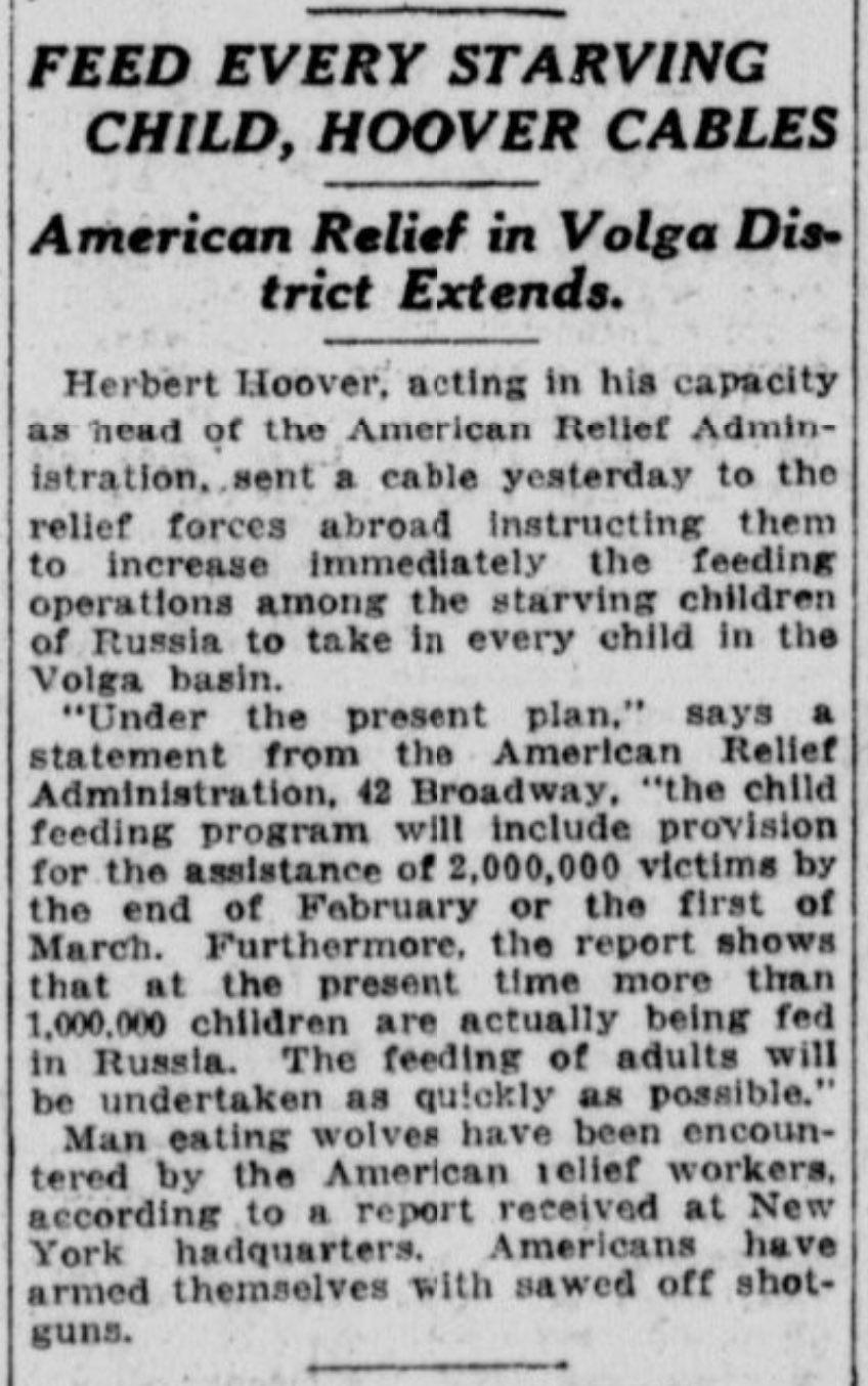 1922 Live on Twitter "Herbert Hoover, head of the American Relief administration, says that in