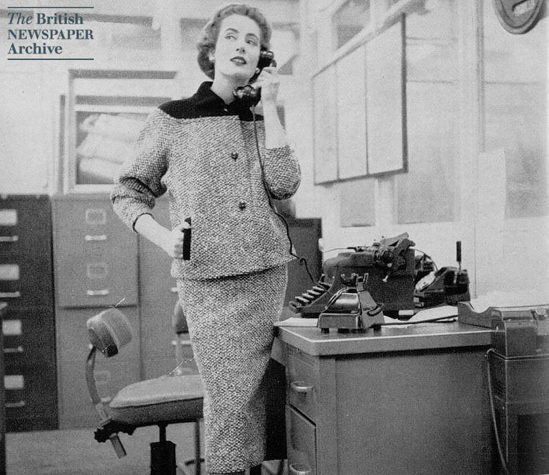 BNArchive's tweet photo. This month at The Archive we'll be looking at all things #OccupationHistory, and we start with this 'practical' work tweed suit by Mornessa, which was available from Debenham & Freebody for 9 1/2 guineas, The Tatler, 17 November 1954 https://t.co/S7Re3cjB5r #SaturdayStyle https://t.co/cgznMZE5gu