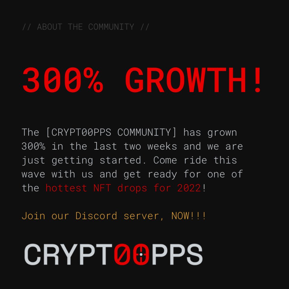 crypt00ppsNFT's tweet photo. Growth is good, fam!  And we are just getting started.  Catch this wave and help us grow.  Join our discord server.

https://t.co/tTi9mj8a7E

#crypt00pps #crypt00ppsNFT #zeroblock #nft #drillmusic #crypto https://t.co/nwRSkVC7iZ