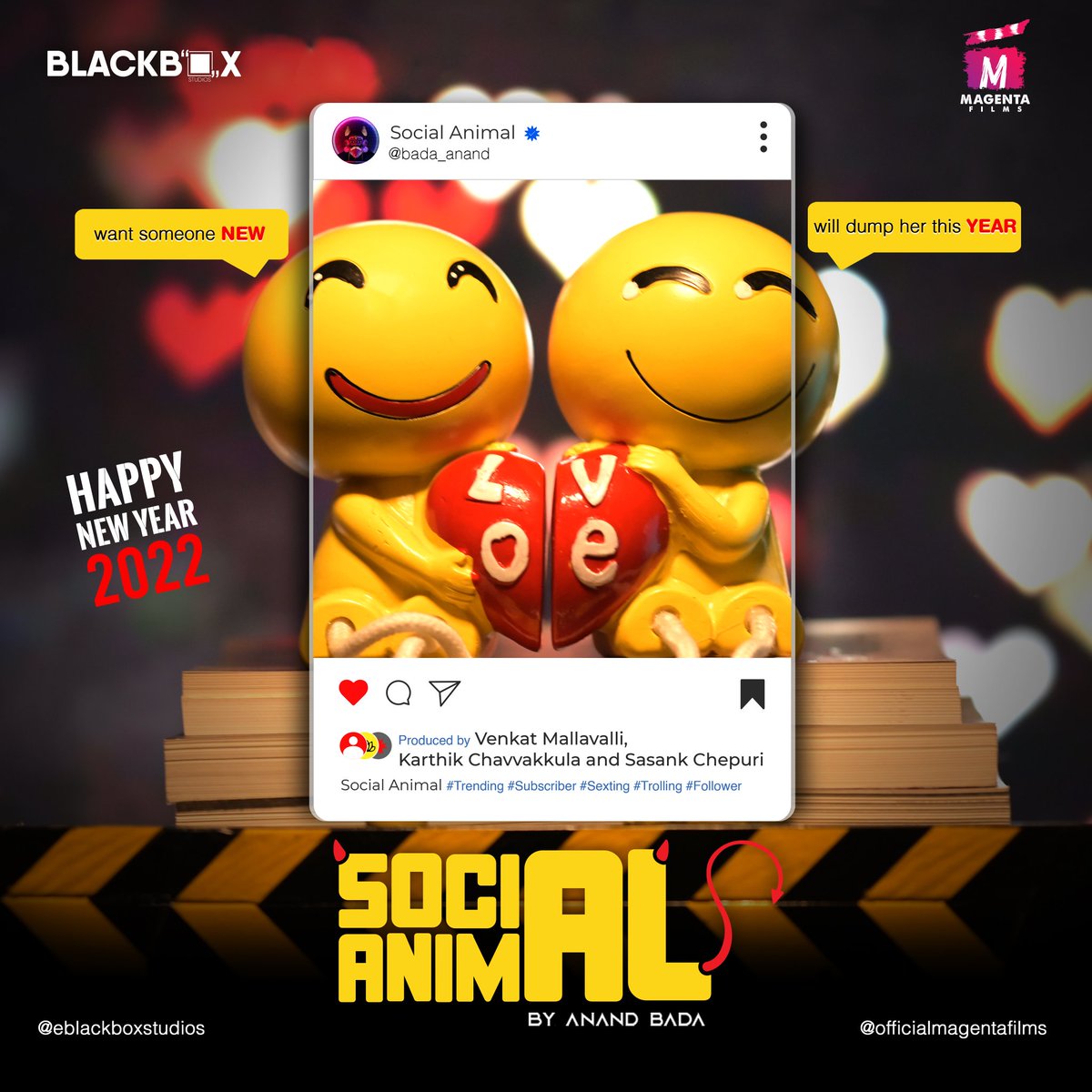 FilmsMagenta's tweet photo. Subscribing to 2022
Happy New Year from team Social Animal.
#repost

@eblackboxstudio @bada_anand
@GeethikaReddy7 @justkushi @gandhambobby
@TumkurSandeep @itsudaymadineni
@CastingbyDCA @poojita_t
#SocialAnimal #happynewyear https://t.co/G3GIf67MPn https://t.co/ns7UfCZzDM