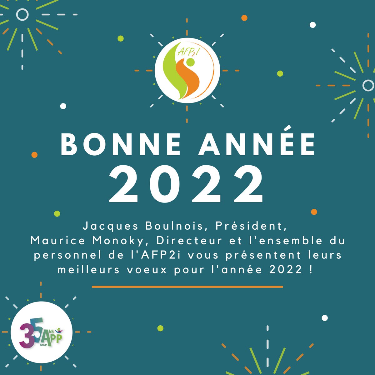 AFP2i's tweet image. ✨ BONNE ANNÉE ✨

L’AFP2i vous souhaite à tous une belle et heureuse année 2022 ! 🎉

➡️ Retrouvez nous dès le lundi 3 janvier 2022 par mail : afp2i@afp2i.fr ou par téléphone : 03 21 51 17 15
