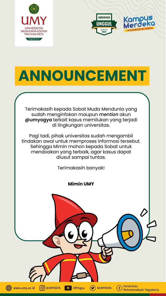 UMYogya's tweet photo. Terkait kasus yang sedang ramai diperbincangkan, berikut info yang dapat mimin sampai kepada sobat.

Mohon dicermati dengan baik yaa sob 🙏🏻

#InfoUMY #UMY #UMYogya #MahasiswaUMY #SobatMudaMendunia https://t.co/GGslLHHhOK