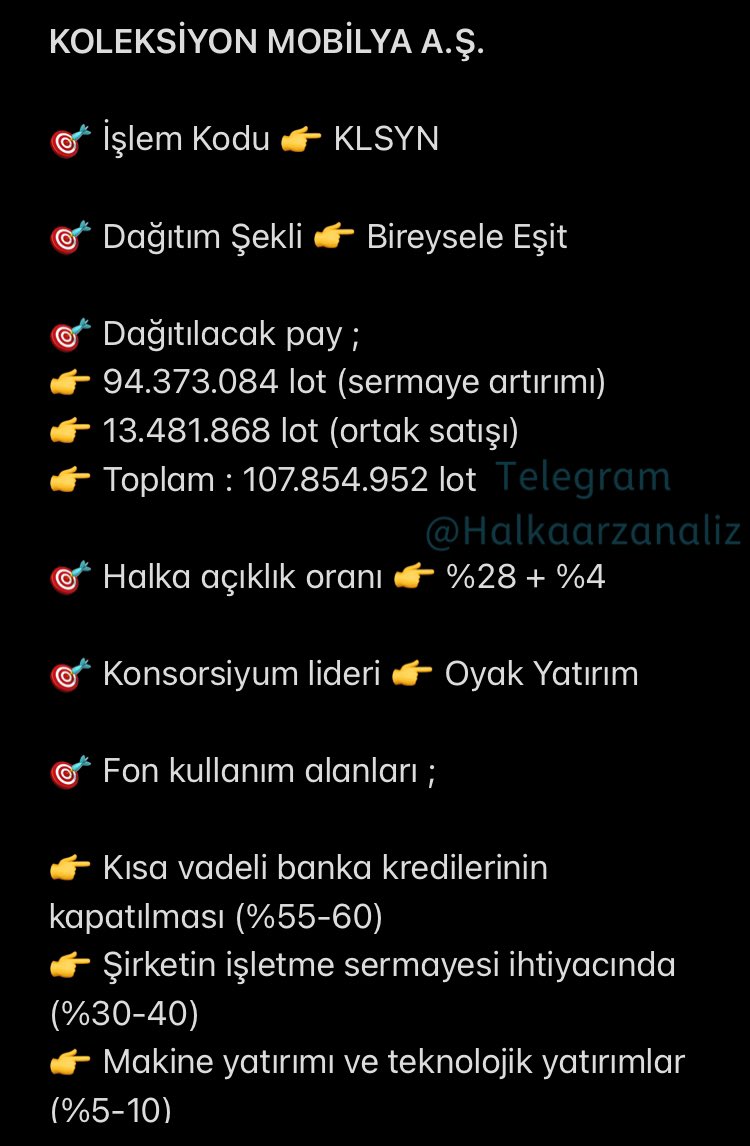 💥Halka arzı için SPK’ye başvuru yapan Koleksiyon Mobilya A.Ş.nin (#KLSYN) SPK’ye sunduğu TASLAK İZAHNAME bilgileri.

#halkaarz #borsa #bist100 #yatırım #hedef #ihaas #elite #miatk #pcilt #rnpol #psgyo #kmpur #klsyn
