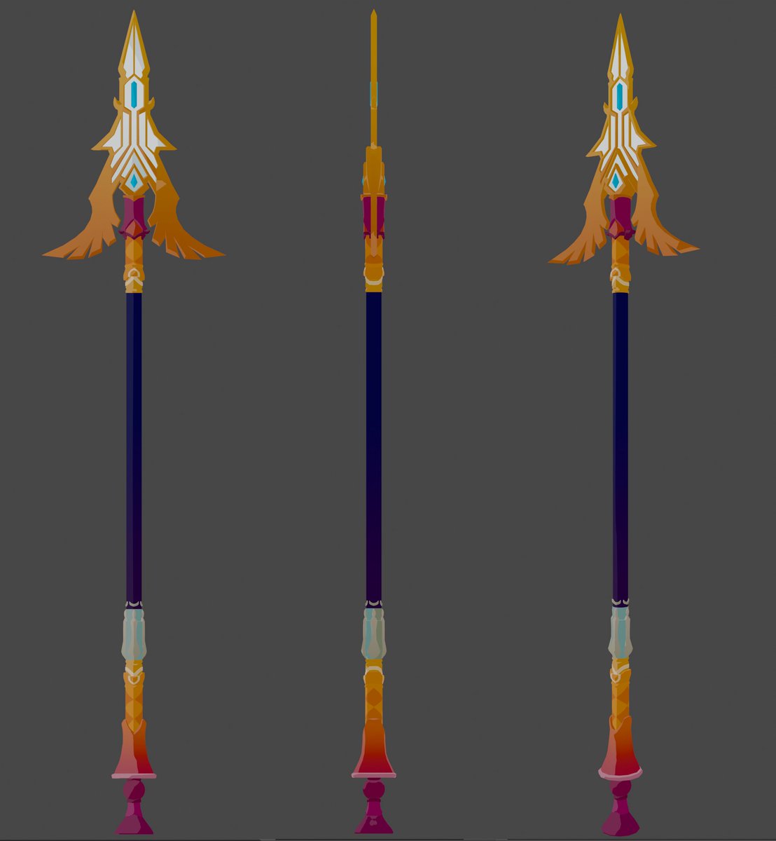 KatjaSwann's tweet photo. Sphinx Trevini's spear staff model drawing and the 3D model.  I figured out the wings on the staff had to be expanded out to really work. #props #3d #3dweapon #b3d #Blender3d https://t.co/IzaY6sm20u
