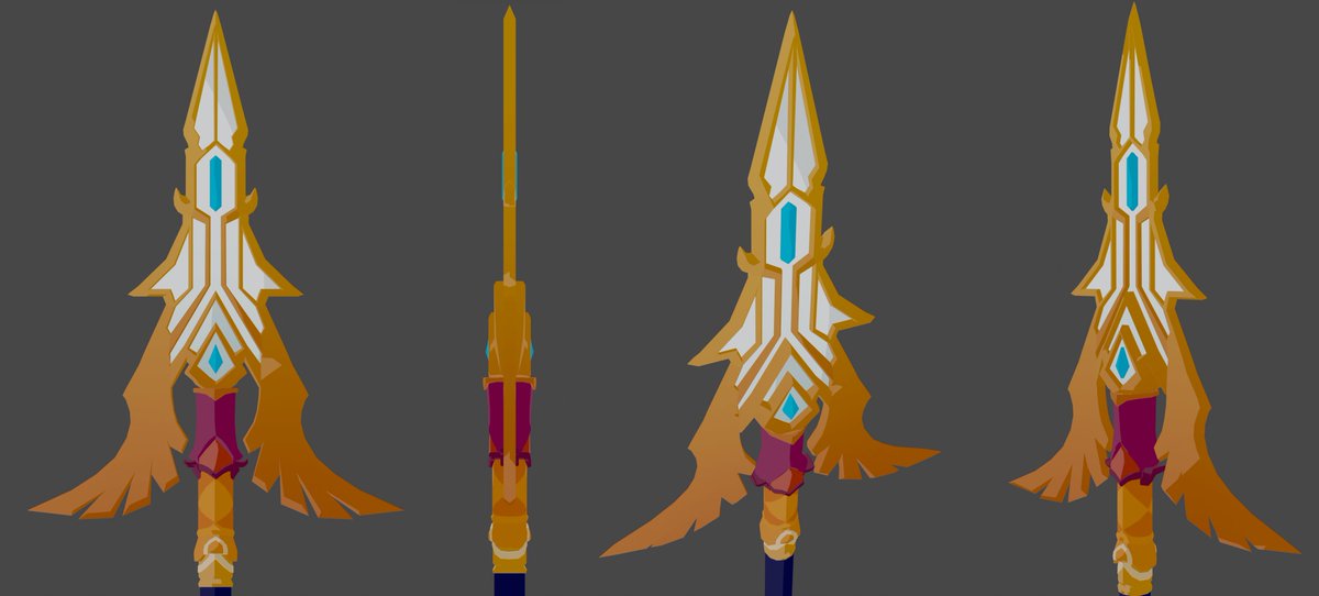 KatjaSwann's tweet photo. Sphinx Trevini's spear staff model drawing and the 3D model.  I figured out the wings on the staff had to be expanded out to really work. #props #3d #3dweapon #b3d #Blender3d https://t.co/IzaY6sm20u