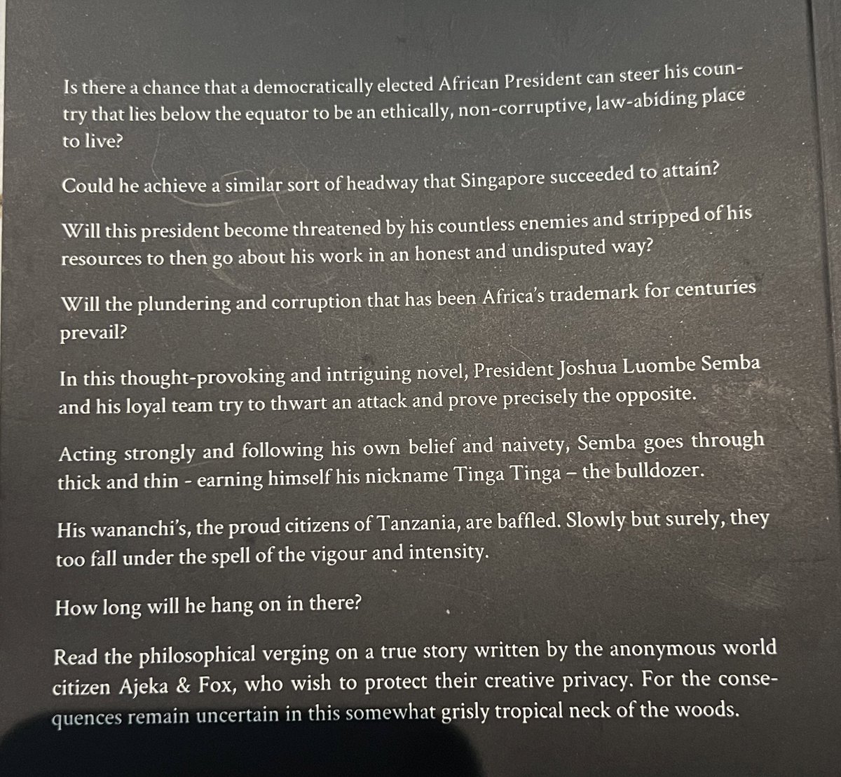 zittokabwe's tweet photo. A novel! Fictional work about the last 6 years Tanzania. Authors use pseudo names. Saw it yesterday at @anovelidea_tz Slipway, read the back and started quivering. Not written by Tanzanians, authors claim. #IamSemba is in town. https://t.co/29meMhTQmy