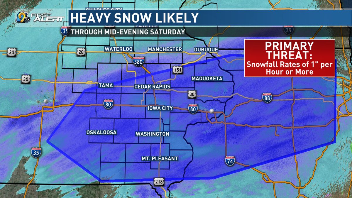 KCRG_FirstAlert's tweet photo. The Storm Prediction Center (yes, they do snowstorms, too!) has highlighted a good chunk of the viewing area for continued heavy snowfall rates this evening, maybe 1" per hour or more within the blue circle. Conditions, if not poor already, will continue to deteriorate. -Corey https://t.co/BjWgT7Rvxs