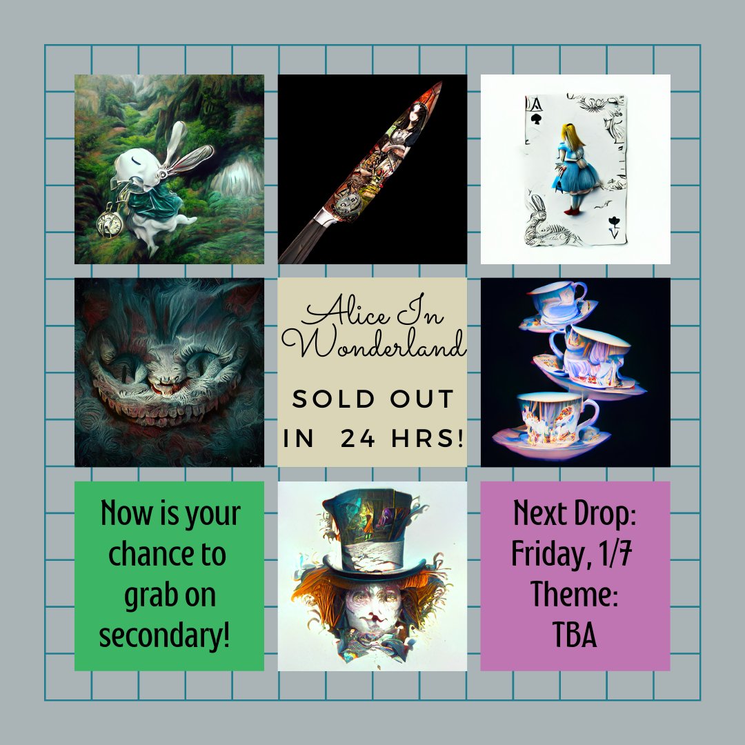 It happened! We SOLD OUT again 🥳🎉

All Alice In Wonderland pieces are sold but some are on secondary with reasonable prices! 🐇⏱

Stay tuned for this Friday's drop &amp; theme will be released Monday 👀

Thankful for the SUPPORT🥰🥰❣
The Mind of SOMA: 2.7 ETH traded &amp; 38 owners🔥