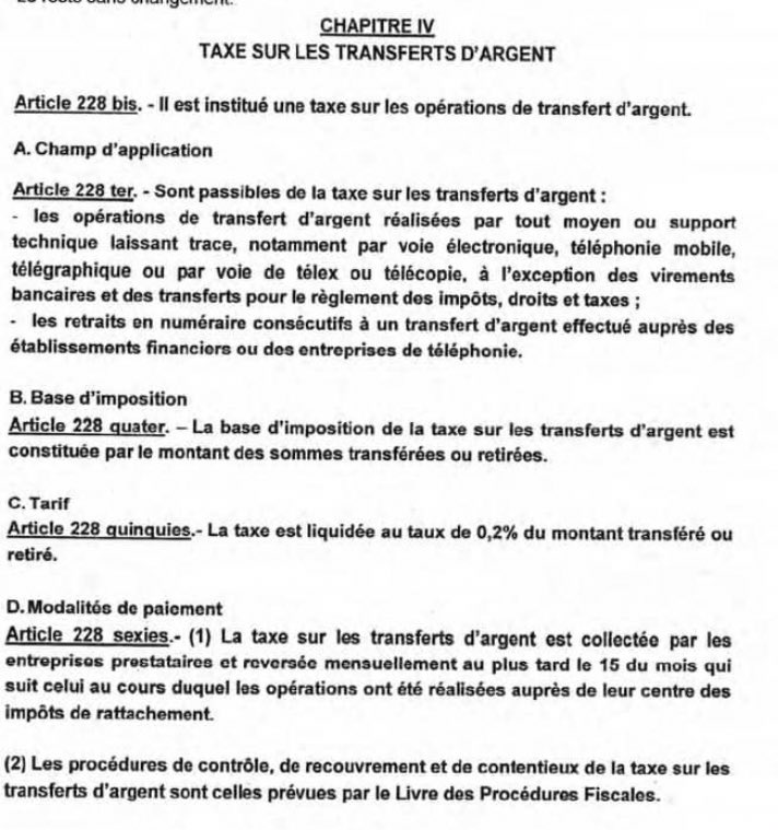 africatechie's tweet photo. Bon. Une précision. Pas de taxes sur les taxes. Maintenant comment les compagnies de transferts vont faire la différence? Voici la loi. https://t.co/X2GdiHKiSS