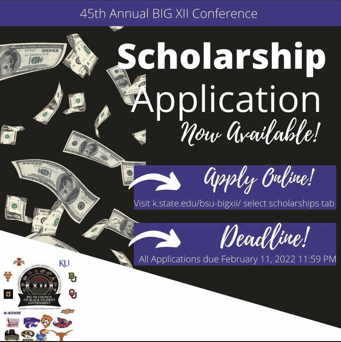 New Year, New Scholarship Opportunities🍾✨ Big XII Scholarship applications are officially open until Feb. 11 at 11:59 pm!! Check out the complete scholarship packet here: k-state.edu/bsu-bigxii/sch… and apply at the link below. Happy New Year from your BSA family🤩🥳