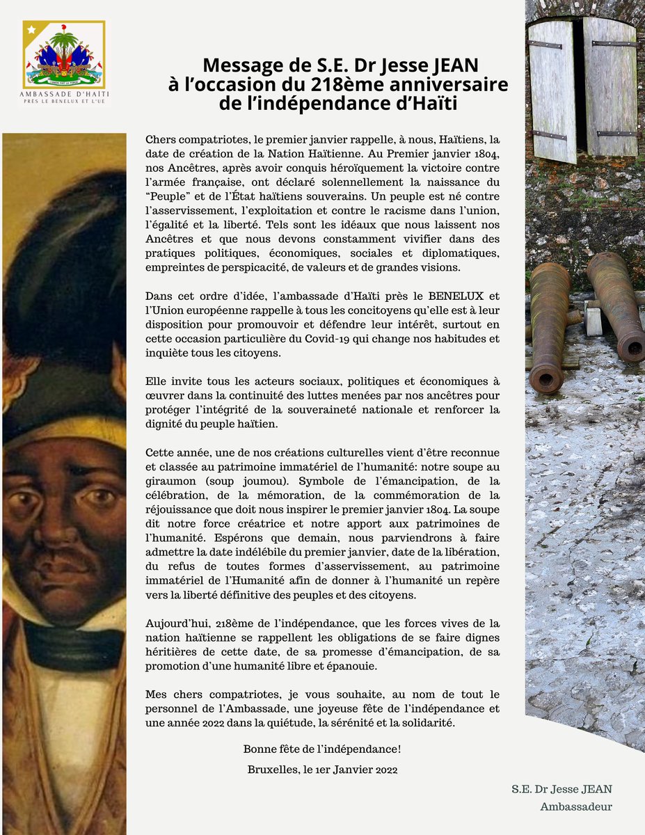 DrJeanJesse's tweet photo. Aujourd’hui, 218ème de l’indépendance, que les forces vives de la nation haïtienne se rappellent les obligations de se faire dignes héritières de cette date, de sa promesse d’émancipation, de sa promotion d’une humanité libre et épanouie. https://t.co/VU50gcxpKE